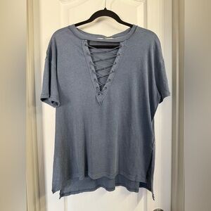 NWT We The Free Dust Navy Crisscross V Neck Short Sleeve Shirt Size XS